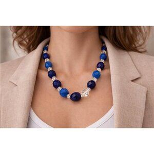 Blue Clear Faceted Acrylic Bead Necklace 25 In Chunky Statement Gold Tone Clasp
